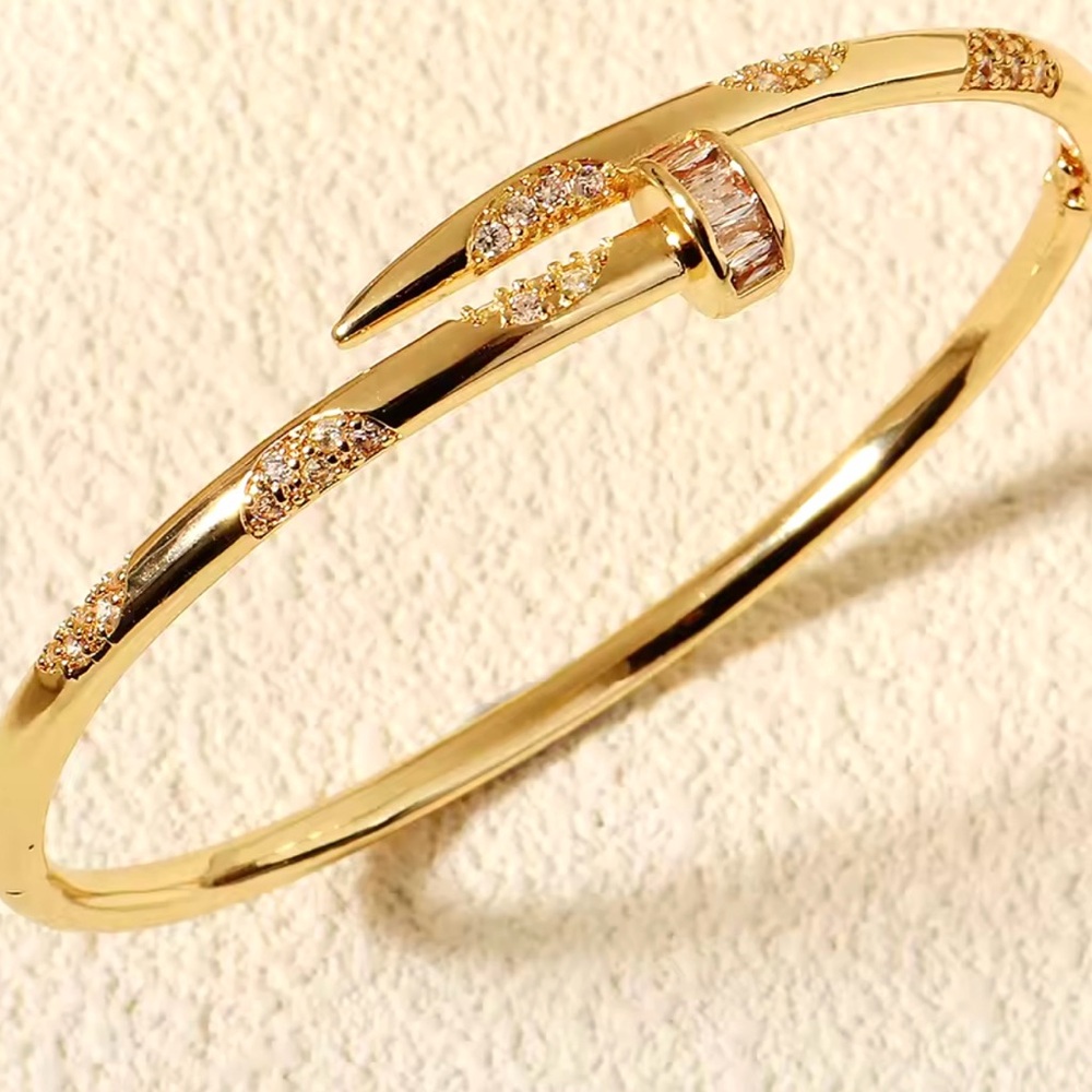 Gold-Toned Nail Bangle Bracelet | Copper Base | Zirconium Accents 💫